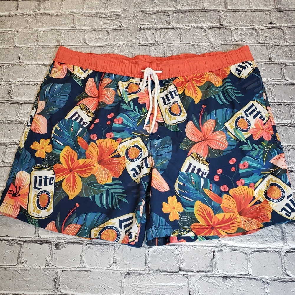 Men's Size XL Miller Lite Beer Label LOGO Swim Board Shorts Beach Party